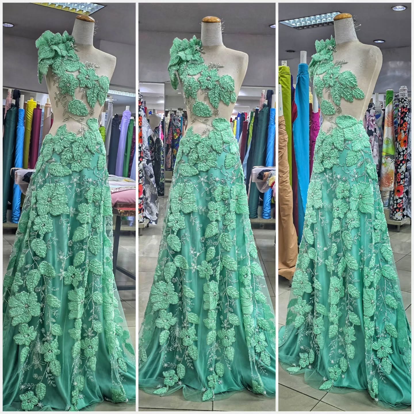 Vestidos de encaje verde con aplicación floral y pedrería