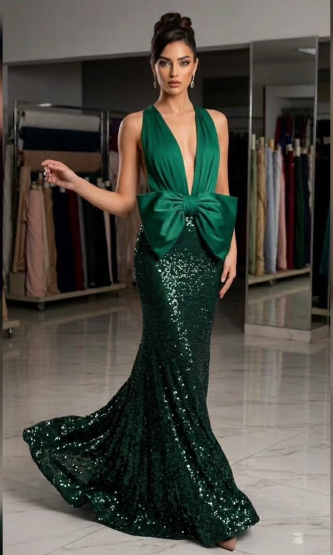 Vestido verde de lentejuela con lazo en el mostrador de Megatelas RD